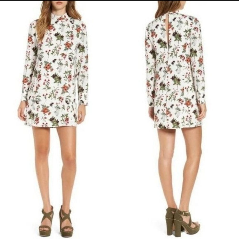 Leith White Floral Mock Neck Long Sleeve Dress w/ Peek a Boo Back Xs